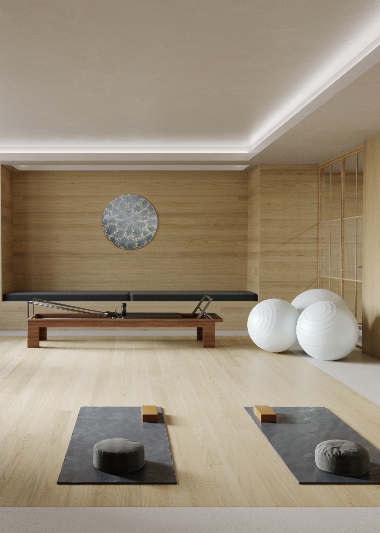 Interior of private home yoga studio, buddhist style